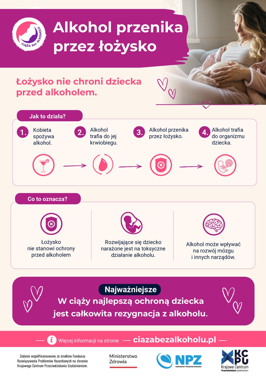 Infografika kampanii Ciąża bez alkoholu: Alkohol przenika przez łożysko. Pełna treść infografiki znajduje się w tekście powyżej.